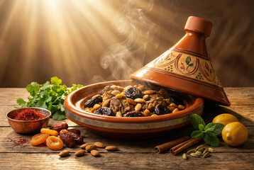 Taj&iacute;n marroqu&iacute; tradicional de cordero con frutas secas y almendras