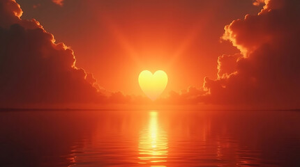 A heart-shaped sunset over a serene body of water with vibrant orange hues and peaceful clouds