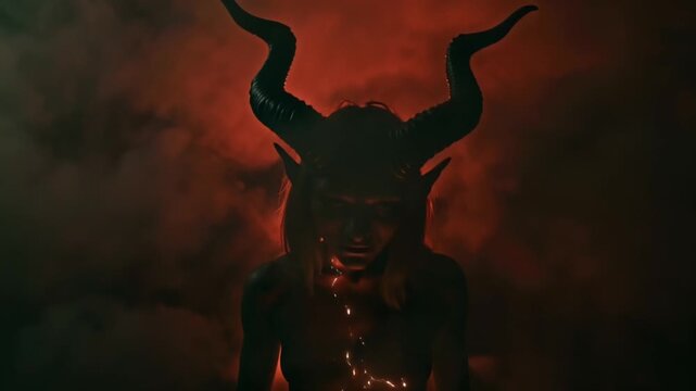 Silhouette of a female demon long curved horns, elegantly thick swirling red smoke floating, subtle glowing particle effects, dark mysterious backlight, cinematic low-angle shots 4K smooth slow-motion