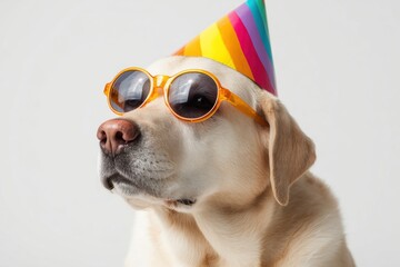 Labrador Retriever Wearing Orange Sunglasses and a Colorful Party Hat