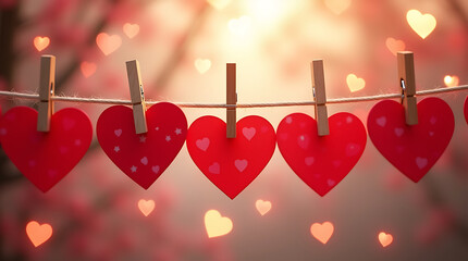 A romantic display of red paper hearts hanging from a clothesline with clothespins on a sunny background