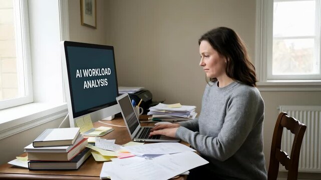 Woman reviewing documents and typing on laptop for AI workload analysis from home office. Artificial intelligence in business concept.