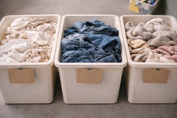 Organized Laundry Storage: Three Bins Filled with Various Textile Fabrics, Including Whites, Denim, and Knitwear in a Clean Space