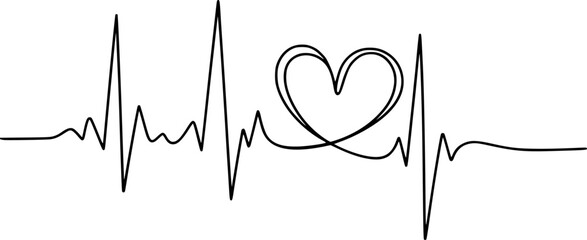 Black continuous of a heartbeat E K G waveform with a heart shape integrated into the electrocardiogram