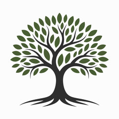 Obraz premium Stylized dark gray tree with green leaves and visible roots white background nature leaf