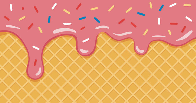 Pink frosting with sprinkles dripping over a golden waffle cone pattern cream