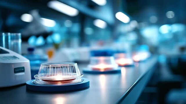 Laboratory automation equipment display defocused scientific background automated testing scene research technology moment medical facility visualization with copy space