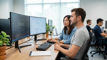 Diverse tech colleagues collaborating on software development at dual monitors in a bright open-plan office - Powered by Adobe