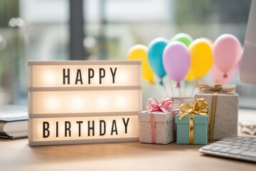 Illuminated Happy Birthday Sign with Colorful Balloons and Gift Boxes on Office Desk