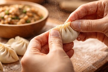 Hands Crafting Dumplings with Care, Showcasing Traditional Culinary Skills and Techniques in a Warm Kitchen Environment