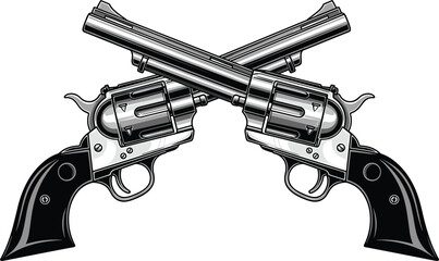 Crossed revolver pistols illustration, vintage firearms symbol, western gunfight concept, detailed black vector artwork design