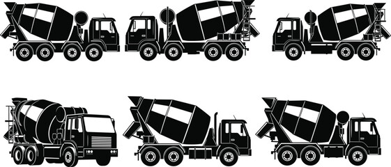 Concrete mixer truck silhouettes set, cement transportation vehicles, construction industry heavy machinery vector illustration collection