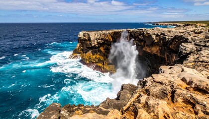 Obraz premium Ocean Waves Crashing on Rocky Cliff Edge.