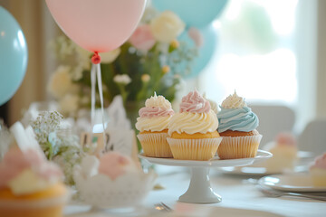 Elegant Pastel Baby Shower Table with Floral Centerpieces and Balloons  