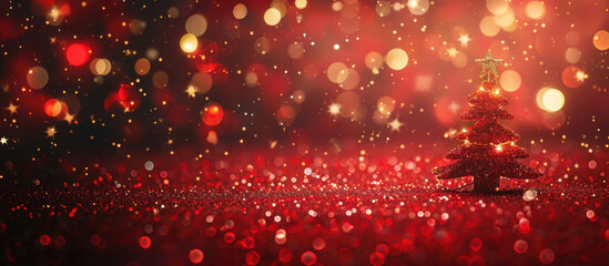 Festive Sparkle: A small, illuminated Christmas tree against a red background sprinkled with glowing bokeh, capturing the magic and warmth of the season. 