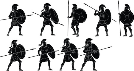 Ancient Greek Spartan warrior silhouettes, hoplite soldiers with spear shield poses, black vector illustration