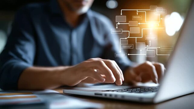 Workflow automation business process mapping concept faceless businessman using laptop defocused flowchart interface background representing automated planning flow system