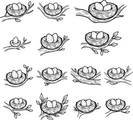 Minimal bird eggs nest icon set for nature business
