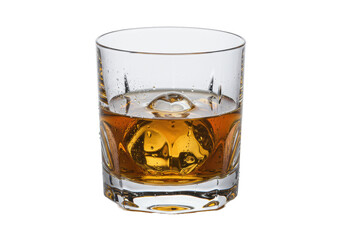 A cut-crystal rocks tumbler with golden-amber whiskey, spherical ice, and condensation, on a polished white surface against a seamless transparent background, concept for beverage advertising