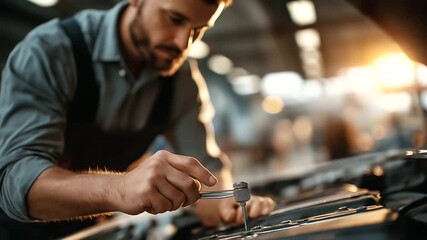 Close up of skilled automotive mechanic working on engine with tools faceless professional defocused bustling garage background mechanical repair scene service expertise moment