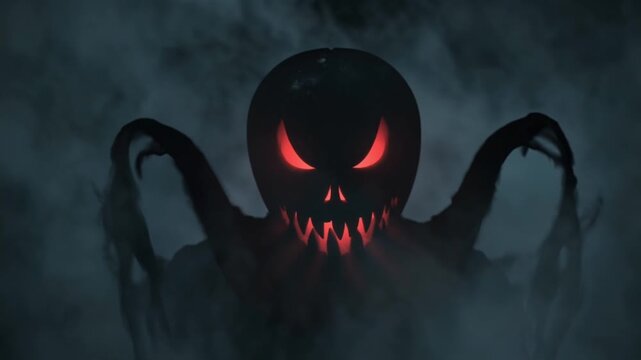 Hand-drawn demonic character emerges sketchbook fog, creepy smile widening unnaturally, glowing red eyes, dark shadows independently, Halloween nightmare eerie cinematic motion graphics, 4K loop stock