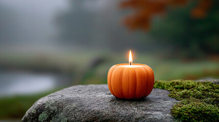 Calan gaeaf candlelight in pumpkin on mossy rock in autumn landscape