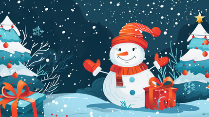 Winter Wonderland: A cheerful snowman, adorned in a festive hat and scarf, stands amid a snowy forest, surrounded by gift and Christmas trees, evoking feelings of joy and holiday cheer.