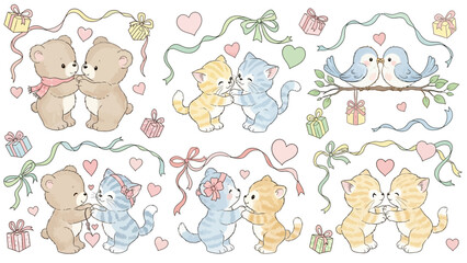 Obraz premium A collection of charming pastel illustrations featuring cute cartoon animals like bears, kittens, and birds in loving pairs, adorned with hearts, ribbons, and gifts.