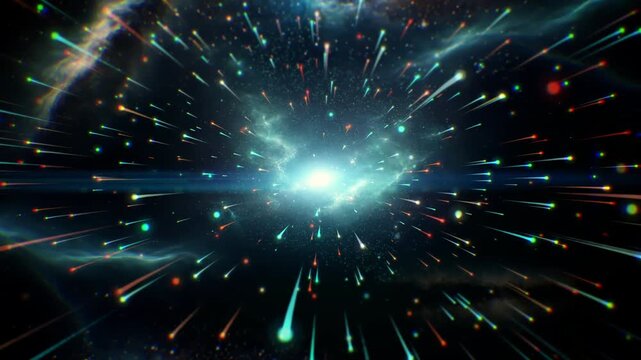Cinematic deep space travel scene featuring a bright galactic core with colorful light streaks rushing forward, conveying hyperspace motion, cosmic energy
