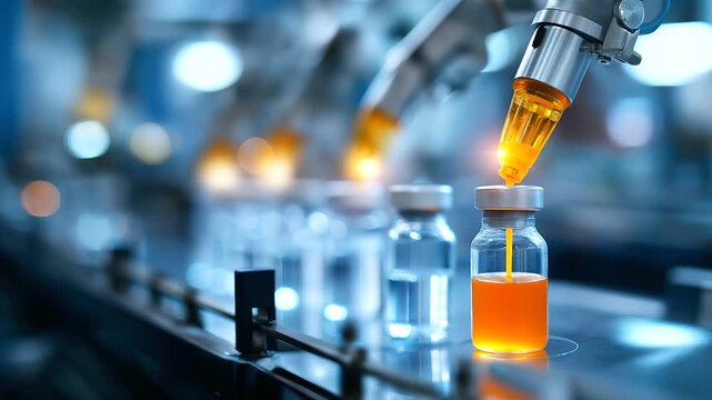 Multiple robotic arms sorting medical vials by batch code defocused blue industrial space background wide panoramic view with left side empty area pharmaceutical automation