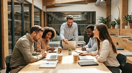 Dynamic diverse business team actively collaborating in a modern office meeting room, sharing innovative ideas and strategizing future projects wit... - Powered by Adobe