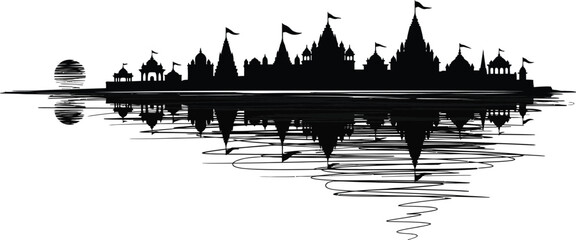 Varanasi city skyline silhouette with Hindu temples and Ganges river reflection