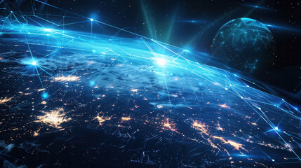 Global Connectivity: A mesmerizing network of interconnected data streams envelops the Earth, depicting the rapid evolution of technology.