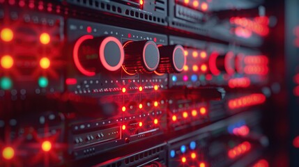 Close Up View of Advanced Data Hardware with Glowing Status Signals