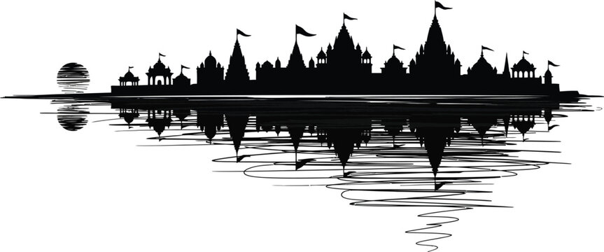 Varanasi city skyline silhouette with Hindu temples and Ganges river reflection