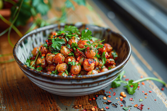 Roasted Legumes With Herbs And Spices, Grilled Chickpeas Topped With Fresh Herbs And Chili Seasoning