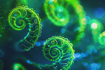 Bright Colorful Display, Vivid Spiraling Life Forms Glow Amid Dark Surroundings With Sparkling Particles