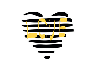 A heart with love word drawn black and white sketch