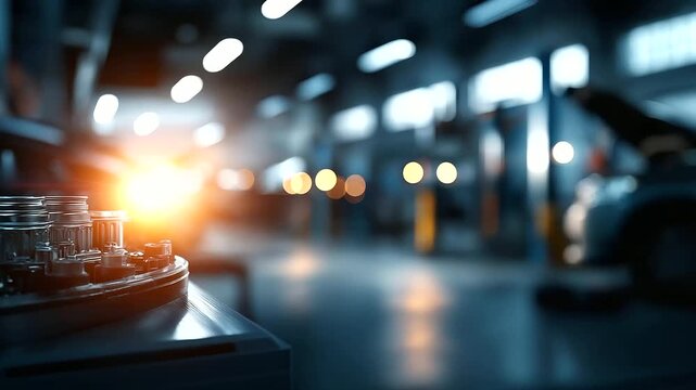 Vague automotive workshop interior with soft focus on repair scenes defocused maintenance background service environment visualization garage atmosphere display mechanical work