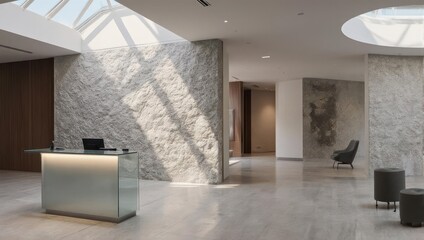 Modern Lobby with Reception Desk and Natural Light.