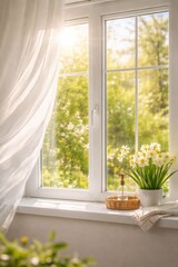 A Bright and Serene Window Scene Featuring Sunlight, Soft Curtains, and Beautiful Fresh Flowers in a Peaceful Indoor Environment
