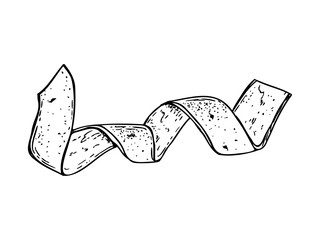 Spiral tangerine peel vector line art black ink sketch. Citrus skin in twist shape isolated illustration painted by black inks. Monochrome fruit ingredient for beverage packaging, cookbook design
