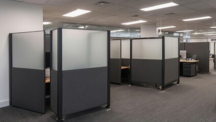 Modern Office Cubicles with Frosted Glass and Dark Gray Panels.
