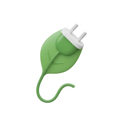 Cut-out, 3D illustration of a green leaf combined with a power plug, eco friendly concept, white isolated transparent background. PNG.