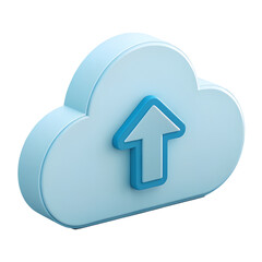 3D cut-out minimal icon of a cloud upload symbol, smooth rounded shapes, soft shadows, white isolated transparent background.