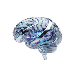 Cut-out, 3D illustration of an abstract artificial intelligence brain, minimal futuristic design, white isolated transparent background. PNG.