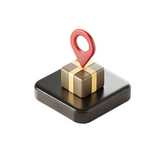 Cut-out, 3D illustration of a cardboard delivery box with location pin, white isolated transparent background, PNG.