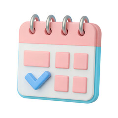 3D minimal icon of a calendar with checkmark, clean geometry, soft pastel colors, cut-out, white isolated transparent background.