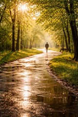 A Serene Pathway at Sunrise with Lush Greenery and a Silhouette of a Person Walking Amidst Morning Mist and Reflections on the Wet Ground