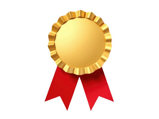 A golden medal wrapped with a red ribbon
